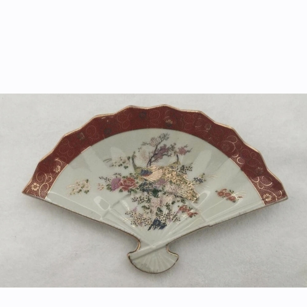 Decorative Fan-Shaped Plate with Floral Design Vintage Satsuma Hand Painted